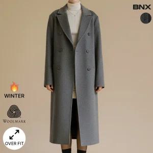 여성 울 피크드 라펠 오버핏 더블 코트 차콜
