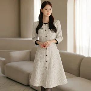 [시크라인] 이페나 배색 트위드 플레어 원피스