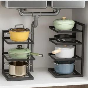냄비 정리대 후라이팬 거치대 싱크대 프라이팬 정리대 주방용 3단 선반 수납장 탄소강 다용도 하부 블랙