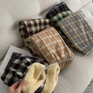 여성 기모 바지 뽀글이 캐주얼 와이드 여성 체크 바지 겨울 파자마 웨어 수면