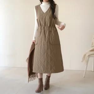 [데일리앤] 포핀스 겨울 레이어드 브이넥 누빔 뷔스티에 롱 원피스