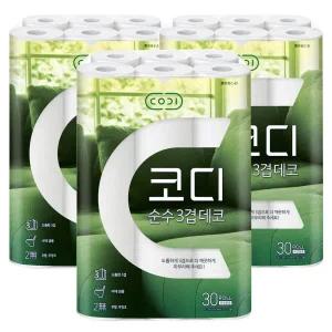 쌍용씨앤비 코디 화장지 3겹 데코 두루마리 화장지 30M X 30롤 X 3팩