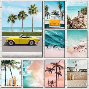 여름 선샤인 해변 서핑 야자수 바다 전망 포스터 캔버스 회화 벽 아트 그림 홈 장식