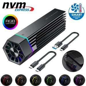 냉각 팬이 포함된 M2 케이스 RGB SSD 박스 NVMe 인클로저 PCI-E - M Key/B 2280/2260/2242/2230용 USB3.1 G