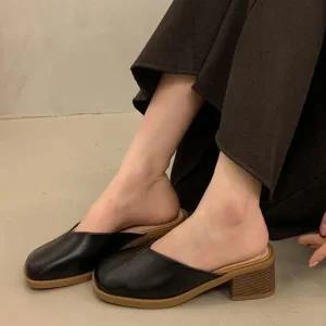 3컬러 미들힐 모던 레더 여자 블로퍼 뮬 통굽 페미닌