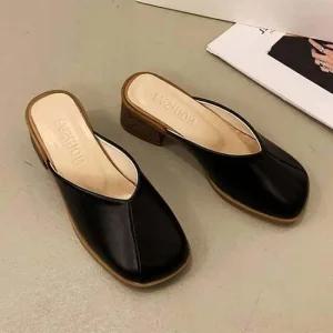 페미닌 블로퍼 모던 여성 통굽 레더 뮬 미들힐