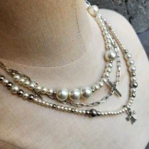 [콩심팥심]여성 데일리 레이어드 십자가 체인 진주 펜던트 목걸이