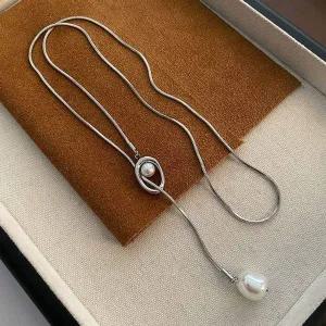 [콩심팥심]심플 스퀘어 펄 진주 실체인 롱 긴 네크리스 길이조절 실버