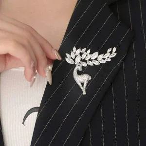 [콩심팥심]크리스탈 미라주 하모니 리프 나뭇잎 사슴 브로치 실버