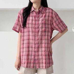 [하프클럽/]오버핏 반팔 체크 셔츠 남방 커플룩 여름 데일리