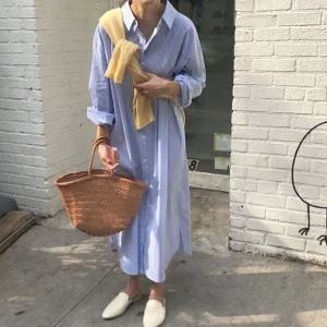 [하프클럽/]스트라이프 셔츠 롱원피스 루즈핏 체형커버 양포켓 봄가을 데이