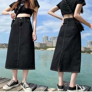 [하프클럽/]치마 여성 진스커트 롱치마 롱스커트 데님 블랙 뒷트임