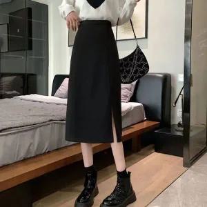 [하프클럽/]롱스커트 여성 봄 허리 슬릿 블랙 롱 뒷밴딩 밑단 스커트