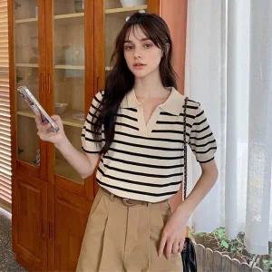 [하프클럽/]여자 줄무늬 카라 브이넥 반팔 니트 LDW-KNH-SSIS442-아이보리