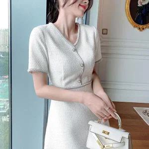 [하프클럽/]여자 브이넥 펄 반팔 미니 원피스 JSW-OPS-SP0000CJM-화이트