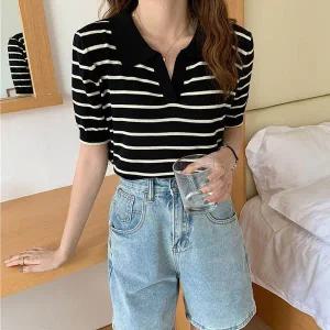 [하프클럽/]여자 브이넥 스트라이프 카라 반팔 니트 LDW1-KNH-SSIS442