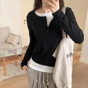 [하프클럽/]여성 골지 페이크 레이어드 긴팔 티셔츠 SDW-TSS-URK277