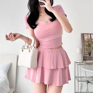 [하프클럽/]여자 코디 시폰 슬림 티어드 크롭탑 치마 세트