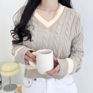 [하프클럽/]여자 브이넥 꽈배기 크롭 니트 티셔츠 DJW-KNA-SCAT1001-핑크