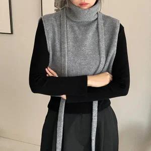 [하프클럽/]여자 단추 끈 백 포인트 코디 하이넥 조끼