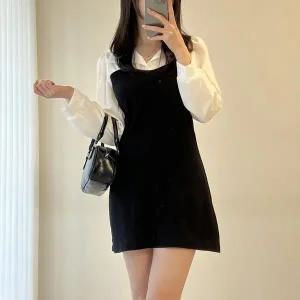 [하프클럽/]여자 하객룩 배색 슬림핏 셔링 카라넥 퍼프 미니원피스