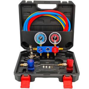 R1234yf AC 게이지 3방향 매니폴드 세트 자동차 에어컨 재충전 키트 호스 퀵 커플러 밸브 코어 리무버