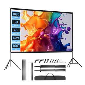 SCREENMAX 스탠드가 있는 야외 프로젝터 스크린, 100인치 접이식 휴대용 가방 포함, 16:9 4k HD 후면 전면 주름 방지 프로젝션 영화 나이트 및 실내 홈 시어터용