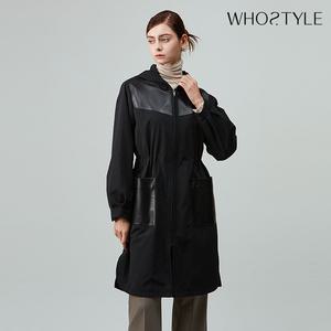 후스타일 여성 레더 믹스 후드 롱 집업 코트 블랙