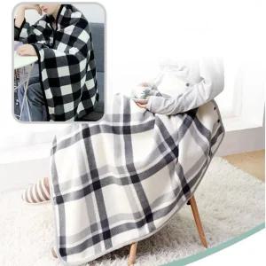융털체크 똑딱이 단추 입는 무릎담요/보온망토 극세사 이중기모 여행 공항 터미널 방한복 거실 사무실
