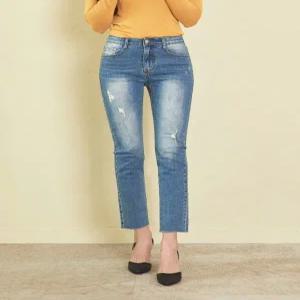 [진마니아]허리 히든밴드 스크레치 연청 밑단컷팅 스판 일자진여성 청바지 데님 팬츠