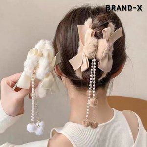 [브랜드엑스] 윈터 로맨틱 퍼 리본 드롭 집게핀