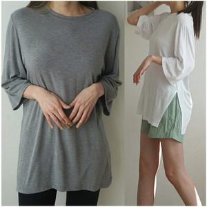 러브포텐 여성 7부소매 롱티셔츠 루즈핏 간절기 옆트임 롱티 차르르 여름 봄가을 무지티셔츠