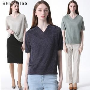 글리터 오픈 카라넥 반소매 니트