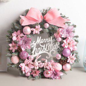 [플라워트리]크리스마스 리스 벽장식 핑크 베이직 포인꽃 그레이 600mm 벽걸이 소품 현관 문 카페 입구 ...