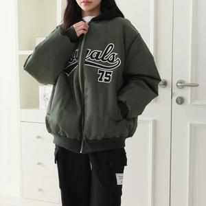 여자 겨울 배색후드 집업 바시티 자수 안감 항공 점퍼