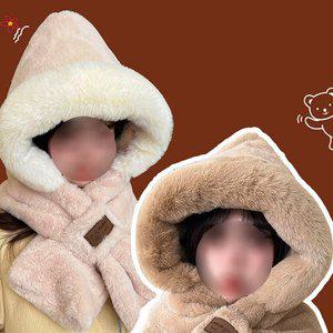 [ETN]따뜻하고 포근한 밍크털 일체형 후드목도리 겨울 방한 모자 목도리