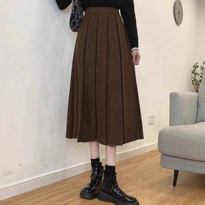 [신세계라이브쇼핑][샵앤] FW 여성 도톰 뒷밴딩 플리츠 모직 주름 롱 스커트 21DS-WSK-4028-브라운