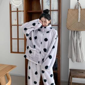 여성 도트 패턴 포근 양털 박시 집업 팬츠 세트