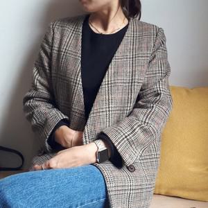 울 100 글램 체크 무늬 겨울 노카라 더블 모직 양모 자켓 중년 미시 빅사이즈 모임 오피스룩 정장 77 88...