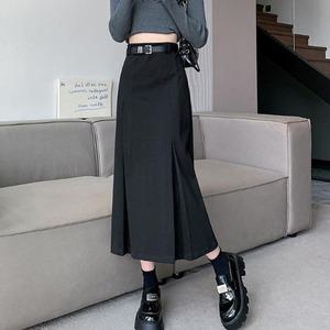 여성용 봄 데일리 캐주얼 하이웨스트 모직 롱스커트