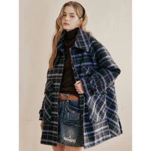 [하프클럽/마쟈]컬러 체크 부클 발마칸 하프코트