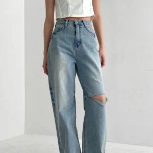 [옷자락]여자 하이웨스트 구제 무파진 컷팅 와이드진 청바지_P338310275