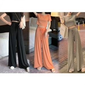 크롭탑 스판 긴바지 팬츠 여자상하세트 반팔 밴딩 여