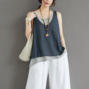 [나코디]배색레이어드 민소매 블라우스 시스루블라우스/KN-706