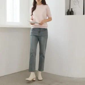 /옷자락 여자 5부 반팔티 반목 파스텔 분홍 니트