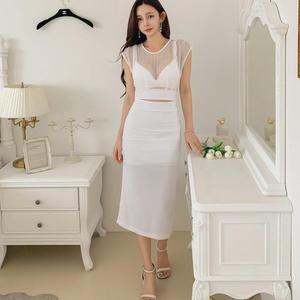 여자 시스루 크롭 민소매 뒷리본 슬림 롱원피스