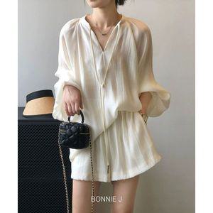 [보니앤제이]여성 여름 시원 얇은투피스 후드 긴팔 블라우스 반바지 셋업_P394541811