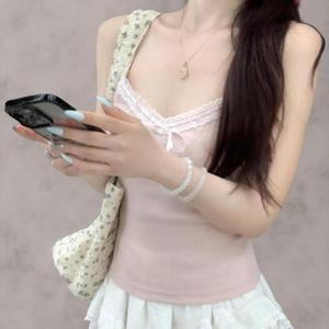 여성 여름 레이스 캡내장 골지 리본 나시탑