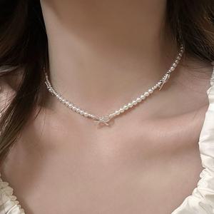 무리비 실버 리본 비즈 진주 초커 목걸이