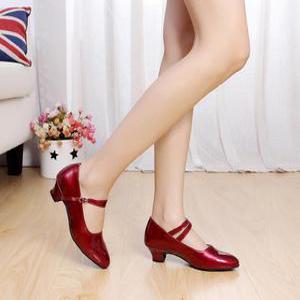 라틴 댄스 신발 여성용 발 편한 라인 굽 낮은 가죽 댄스화